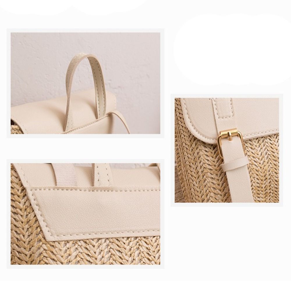 Trend PU Leather Straw Backpac - Leather Backpack Vintage 评论和价格
