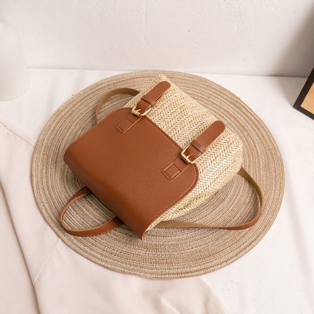 Trend PU Leather Straw Backpac - Leather Backpack Vintage 评论和价格